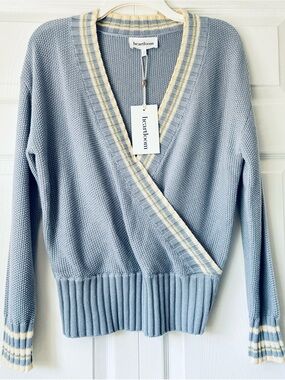 Heartloom Light Blue Wrap-Style Knit Cardigan with Cream Trim - size L